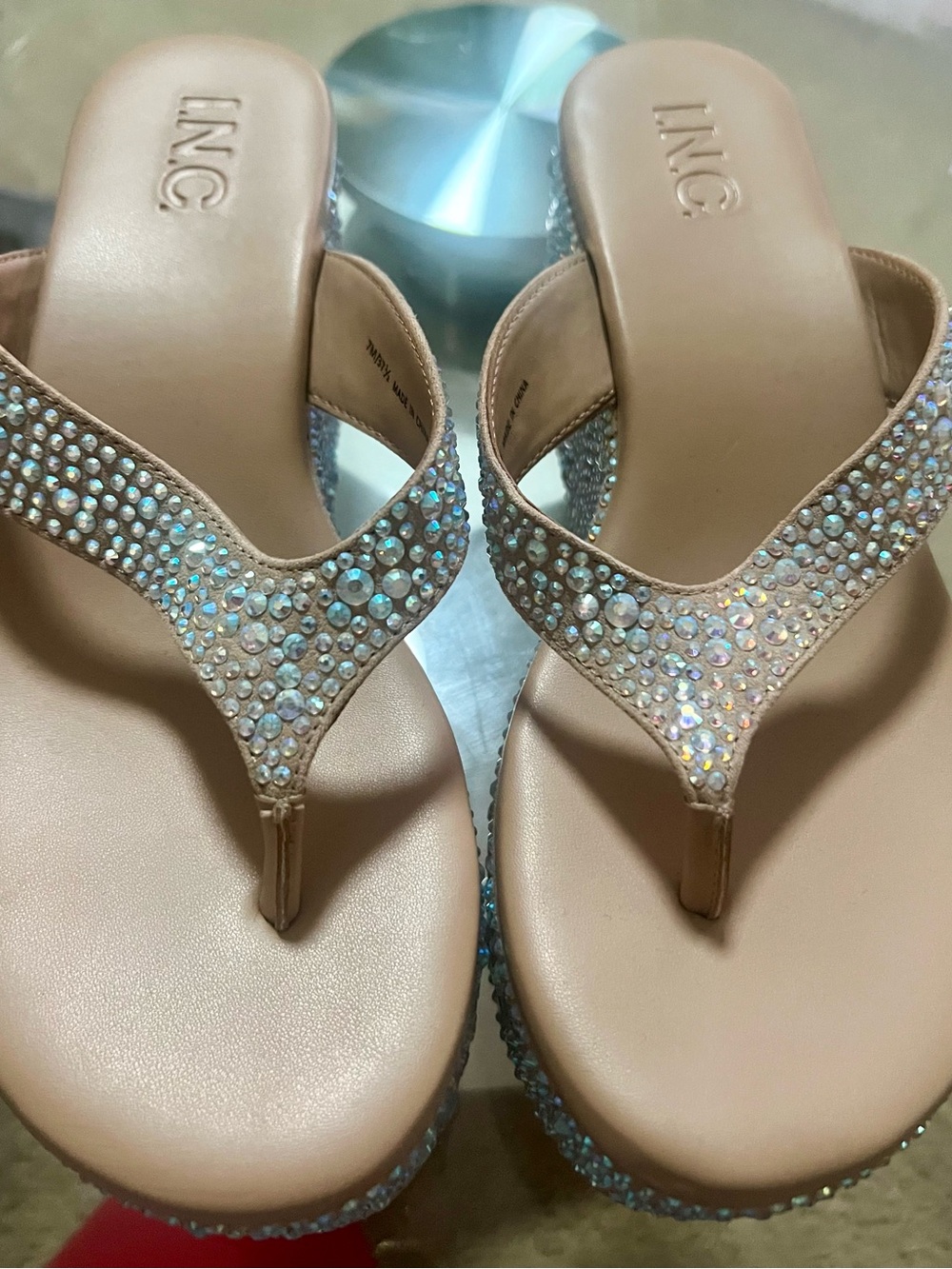 INC International Concepts Nude Crystal Embellished Thong Sandals